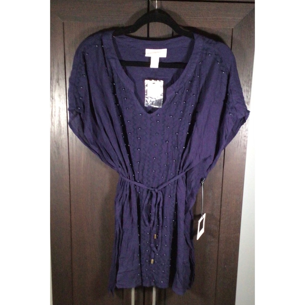 Jessica Simpson Maternity Navy Blue Beaded Tie Waist Tunic Top Small NWT